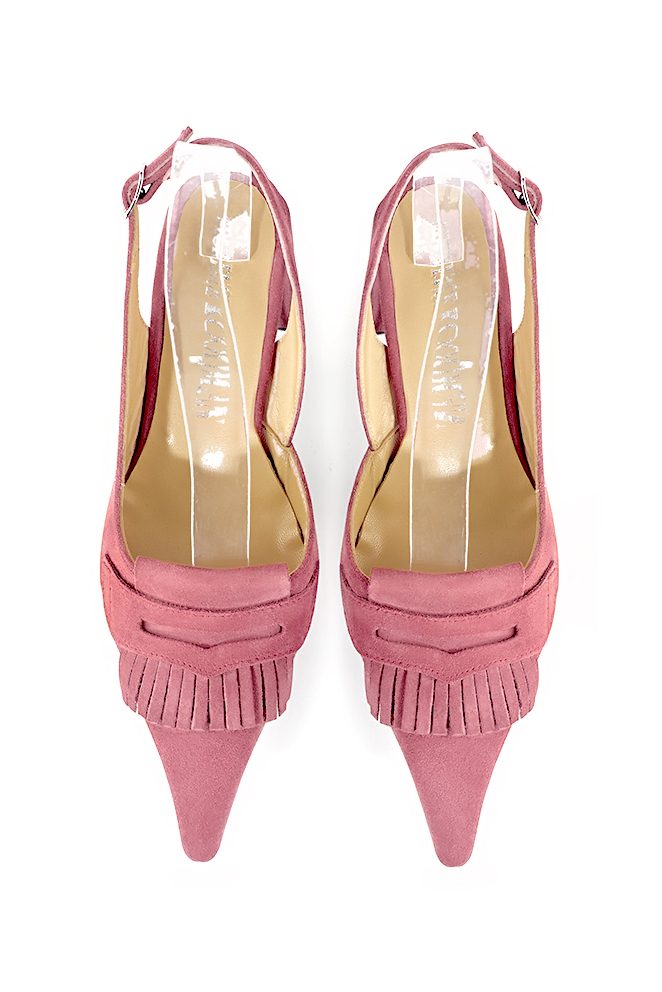 Carnation pink women's slingback shoes. Pointed toe. Medium block heels. Top view - Florence KOOIJMAN